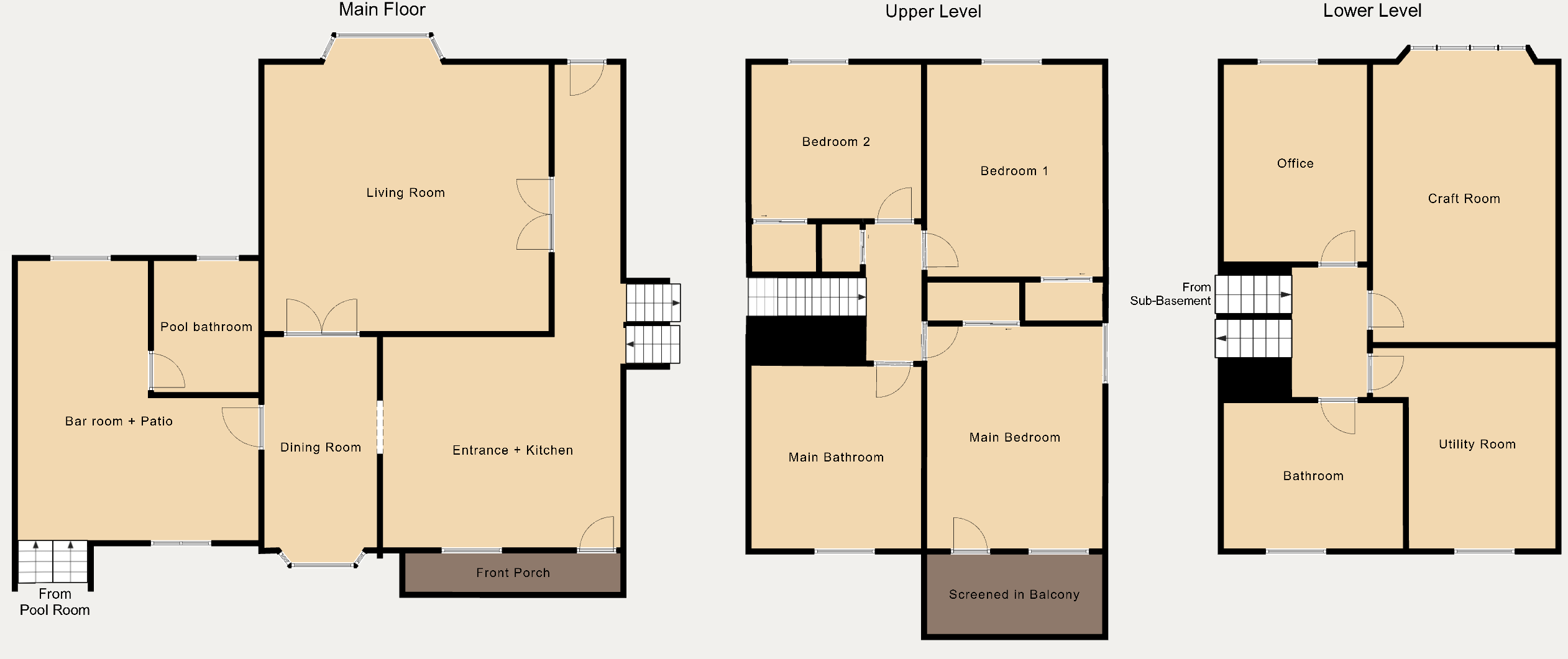 Floor plan of 1109 Poplar Drive showing the main floor, upper level and lower level